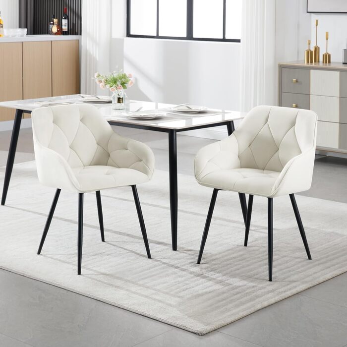 Обідні стільці WOLTU, комплект з 2 шт. , для їдальні та вітальні, ергономічні кухонні стільці, оббиті підлокітниками, металеві ніжки, оксамитове сидіння, кремово-білий колір, комплект з 2 шт.