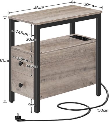 Журнальний столик HOOBRO із зарядною станцією, диван-столик з 2 шухлядами, USB-портом та розеткою, тумбочка для невеликих приміщень, стабільна та міцна, для вітальні, спальні, сірий колір EBG542BZ01