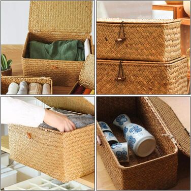 Кошики для зберігання морської трави, плетена коробка для зберігання з ротанга з кришкою та ручкою, прямокутний кошик з морської трави, полиця для зберігання одягу, косметики, книг, 3