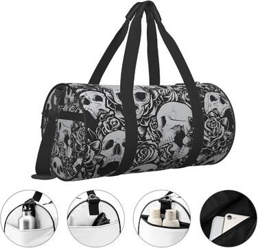 Дорожня сумка-циліндр, моторошний візерунок з темними черепами та квітами, спортивна сумка для чоловіків та жінок, сумка для подорожей, спортивна сумка