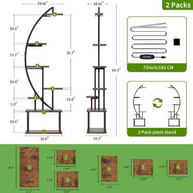Підставка для рослин з лампою для вирощування - 7-ярусна підставка для квітів 165 см, металева дерев&39яна полиця для рослин - Квіткові драбини для приміщень та вулиці - Декоративна чорна квіткова полиця для внутрішнього саду, балкону, 2 шт.