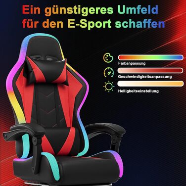 Ігрове крісло JUMMICO зі світлодіодним освітленням, круте гоночне ігрове крісло, ергономічне офісне крісло з функцією масажу, регульована спинка 90-135, з телескопічною підставкою для ніг, ігрове крісло вантажопідйомністю 150 кг, червоне