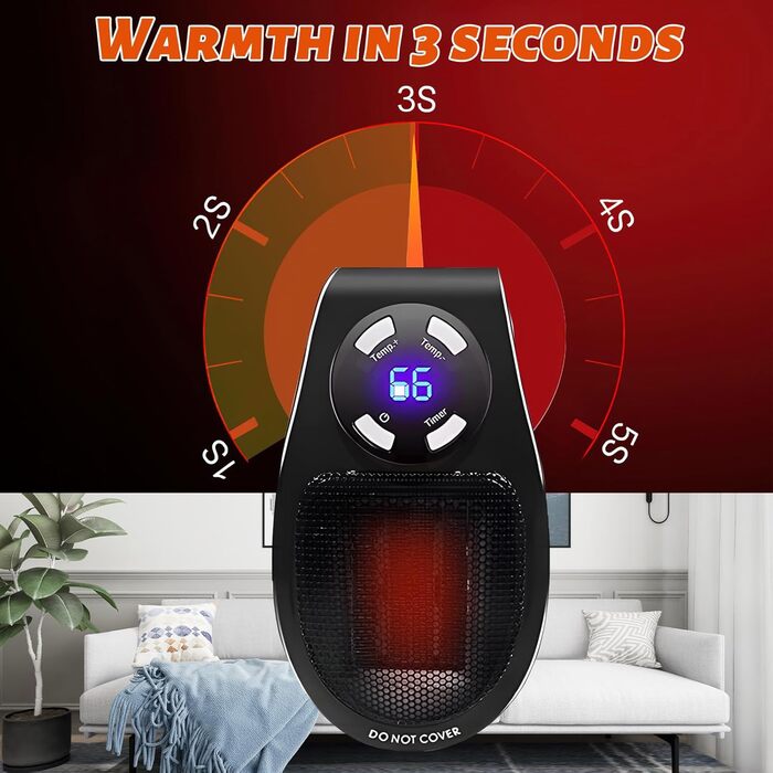 Керамічний вентилятор Hillylolly потужністю 500 Вт, вентилятор-обігрівач, що підключається до мережі, міні-вентилятор-обігрівач, настінний електричний обігрівач, енергозберігаючий та тихий вентилятор-обігрівач для ванних кімнат та кімнат (чорний)