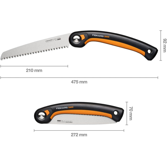 Складна пила Fiskars Plus, для товстих колод і гілок, 3 положення різання, гостре лезо з електроприводом, груба зубчастість, довжина леза 21 см, чорний/помаранчевий, пила SW69, 1067553 (полотно 20 см)