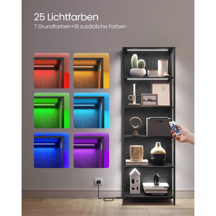 Рівнева книжкова полиця VASAGLE, окремостояча полиця з регульованим світлодіодним освітленням, сталевий каркас, 30,3 x 60 x 178,6 см, для вітальні, спальні, кабінету, чорний колір Ebony Black LLS120B57 60B см, 6-