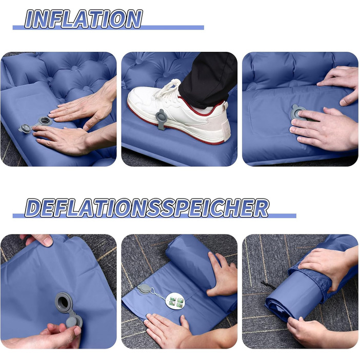 Килимок для кемпінгу для 2 осіб, 200x135 см, надлегкий, надувний матрац, килимок для сну з ножним насосом, складний килимок для сну з подушкою, темно-синій, двоспальний