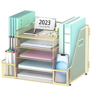 Настільний органайзер SUPEASY Grid з тримачем для файлів, 5-шаровий лоток для паперу та листів з тримачем для журналів, настільний органайзер та блок зберігання, золотистий