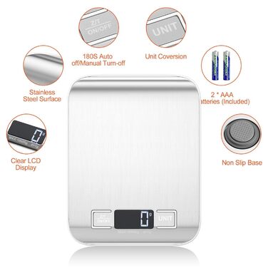 Кухонні ваги Fousenuk 10кг/1г електронні, цифрові ваги з нержавіючої сталі з РК-дисплеєм і функцією тари, точне автоматичне вирівн