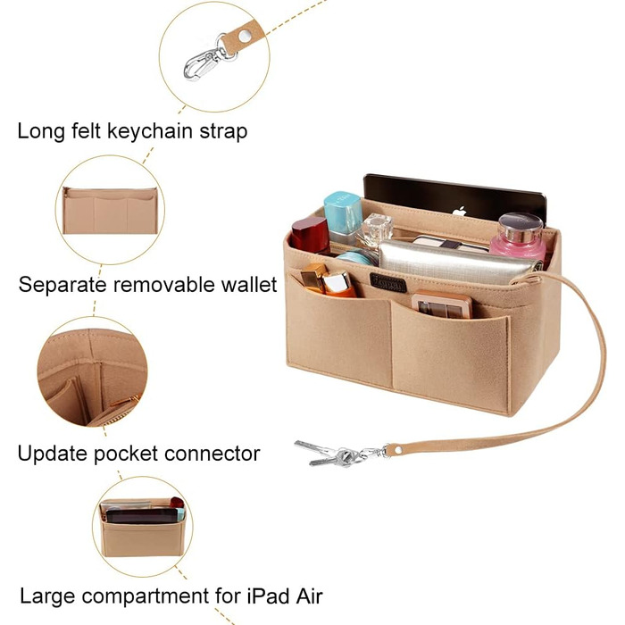 Органайзер для сумочки, органайзер для фетрової сумки, органайзер для сумки в сумці Внутрішні кишені органайзер для сумочки зі зні