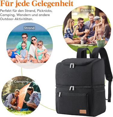 Ізольована сумка-холодильник Lifewit 21L 30 Can, термосумка для обіду, рюкзак-холодильник, герметична двоповерхова сумка-холодильник для чоловіків, жінок, мам для обіду, пікніка, покупок, подорожей, чорна