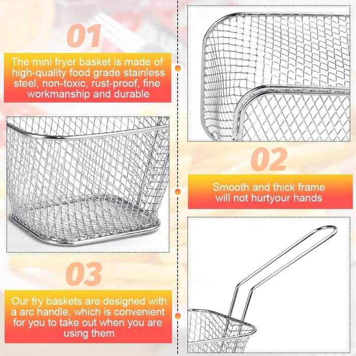 Кошик для смаження Міні-кошик для картоплі фрі з нержавіючої сталі Кошик для картоплі фрі Срібний кошик для подачі картоплі фрі з ручкою Маленький кошик для фритюрниці Кошик для смаження картоплі фрі Креветки Кільця цибулі, 12 шт.