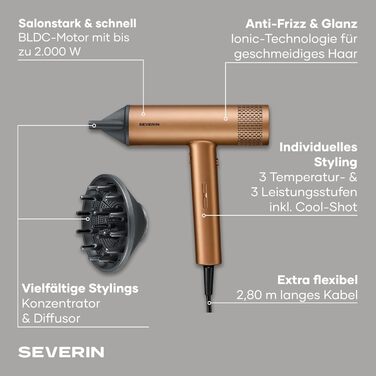Фен для волосся Severin HT 0172 з іонізацією та функцією Anti-Frizz, 2000 Вт, 3 режими температури та потужності, холодний обдув, з концентратором та дифузором, S-Style, бронзовий/чорний