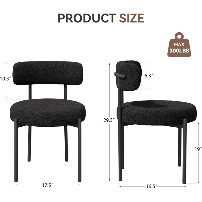 Обідні стільці, комплект з 4 шт. Круглі стільці з букле з тканини Teddy Кухонні стільці з м&39якою оббивкою в стилі середини століття Обідні стільці з металевими ніжками Чорний FU01031BL-4 Комплект з 4 чорних