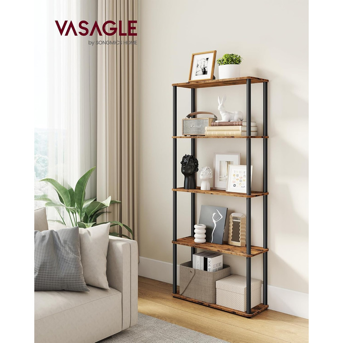 Надзвичайно швидке складання без інструментів, 5-рівнева полиця, окремостояча полиця для зберігання, 23,8 x 60 x 139 см, вітальня, спальня, кухня, вінтажний коричнево-чорний колір LLS165K01 5 рівнів (60Ш см)