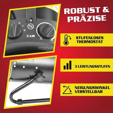 Електричний обігрівач HECHT Портативний обігрівач 3000 Вт 3 рівні потужності Термостат Енергоефективний Підходить для будівельних майданчиків, гаражів, майстерень, кемпінгу, віталень, Чорний