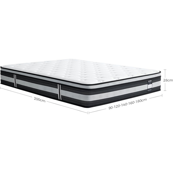 Матрац Inofia H3/H4 180200 28 см - 7-зонний пружинний матрац, пружинний матрац KhlNest у формі кишенькової платформи, сертифікований Oeko-Tex бочковий пружинний матрац у формі кишенькової платформи - 100 ночей пробного сну 180200 см