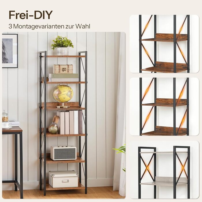 Книжкова полиця HOOBRO, стояча полиця, полиця-драбина, окремостояча вузька полиця, офісна полиця, 6 ярусів, відкриті полиці, для вітальні, спальні, офісу, кухні, рустикальний коричневий та чорний EBF72SJ01 42 x 28 x 161,5 см Рустикальний коричневий чорний