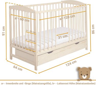 Дитяче ліжко/ліжечко для новонароджених 60x120 см ліжечко з шухлядою, регульованою по висоті рейковою основою та знімними поручнями, трансформується в дитяче ліжко S-120