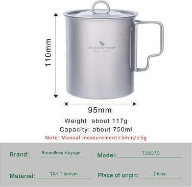 Одностінна титанова кружка Boundless Voyage з кришкою, складна ручка, для активного відпочинку на природі, кемпінгу, надлегка, для води, чаю, кави, 750 мл, 750 мл, 1 упаковка