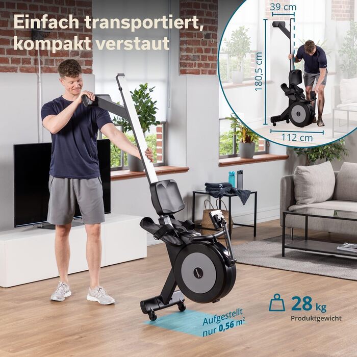 Домашній гребний тренажер Skandika Njord P6-G 32 рівні електричного опору, магнітне гальмо, Bluetooth, світлодіодний дисплей, тихий та низький рівень обслуговування, сумісний із додатком Kinomap, самогенеруючий гребний тренажер, сірий