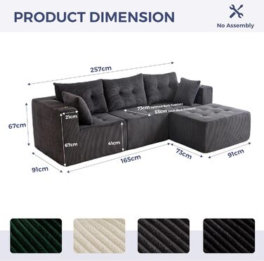 Кутовий диван MAXYOYO з вельвету з підсклянником, модульний диван, що трансформується в L-подібний та двоспальний диван, 3-місний диван без кісток для вітальні, не потребує складання, сірий, L-подібний