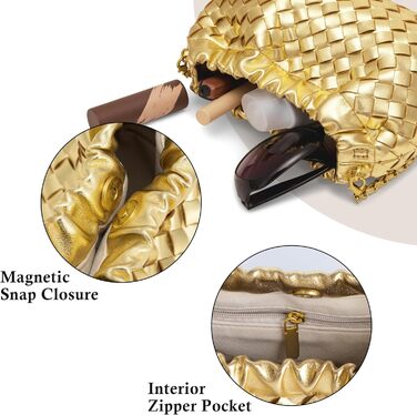 Жіноча сумка-кросбоді Joryin, плетіна, вечірня сумочка, модна сумка-клатч Дамплінг, сумка-хобо Хмара з плетеної шкіри, золота