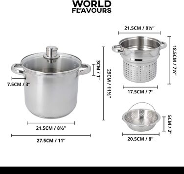 Каструля для пасти KitchenCraft World of Flavours з дуршлагом та паровою корзиною для овочів у подарунковій коробці, нержавіюча сталь, під індукцію, 4 л