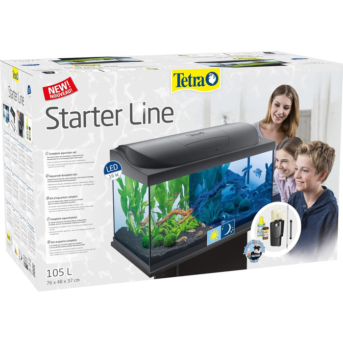 Комплектація акваріума Tetra Starter Line 54 л - в т.ч. денне і нічне світло, LED підсвічування, внутрішній фільтр, обігрівач, кондиціонер для корму для риб і води (з денним і нічним світлом, 105 літрів)