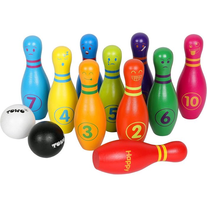 Дерев&39яна іграшка для боулінгу для дітей - Великий набір для боулінгу для дітей з обличчями та цифрами - Набір для боулінгу з 10 кеглями та 2 дерев&39яними кулями для боулінгу - Дерев&39яна іграшка для 2-річних малюків