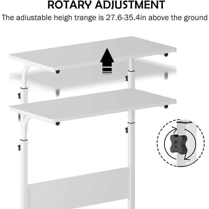Регульований мобільний приліжковий столик SOGES Furniture 80 см, портативна підставка для ноутбука з тримачем для планшета, бічною полицею, стіл для ноутбука, регульована висота, компютерний стіл для роботи стоячи, білий