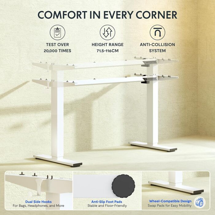 Каркас столу FlexiSpot з регулюванням висоти з 2 гачками, функцією пам&39яті висоти та світлодіодним індикатором висоти, ніжки столу з електричним регулюванням висоти (білий) EN1 білий