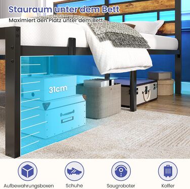 Ліжко 140x200 з металевою рейковою основою, двоспальний каркас ліжка 140x200 см зі світлодіодним освітленням та зарядною станцією (2 розетки змінного струму, 1 порт USB та 1 порт Type-C), металеве ліжко з узголів&39ям, чорно-коричневе, 140x200 см