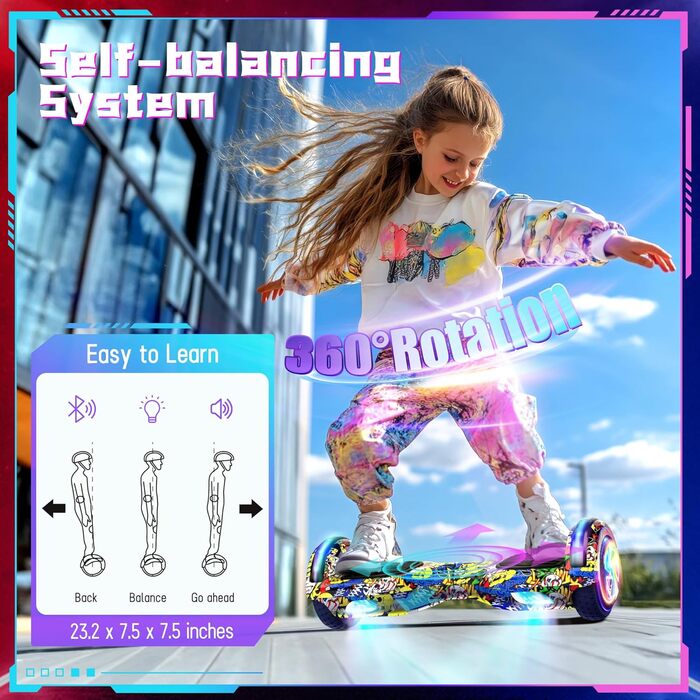 Електричний самобалансуючий ховерборд з шинами 6,5 дюймів, подвійним двигуном, Bluetooth-флеш-колесом зі світлодіодним підсвічуванням. Електричний самокат із самобалансуючими колесами.