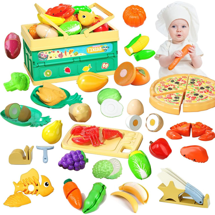 Набір іграшок для дитячої кухні Pretend Play Food, кошик для зберігання, нарізка фальшивої їжі, фруктові та овочеві аксесуари, подарунок для дітей раннього віку для навчання на кухні, подарунок для 3-8 років