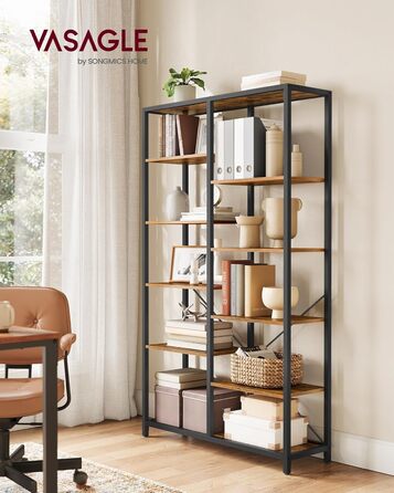 Ярусна книжкова полиця VASAGLE, окремостояча, для вітальні, ванної кімнати, кухні, коридору, легке складання, вінтажний коричнево-чорний колір LLS155B01 Рустикальний коричневий чорний, 5-