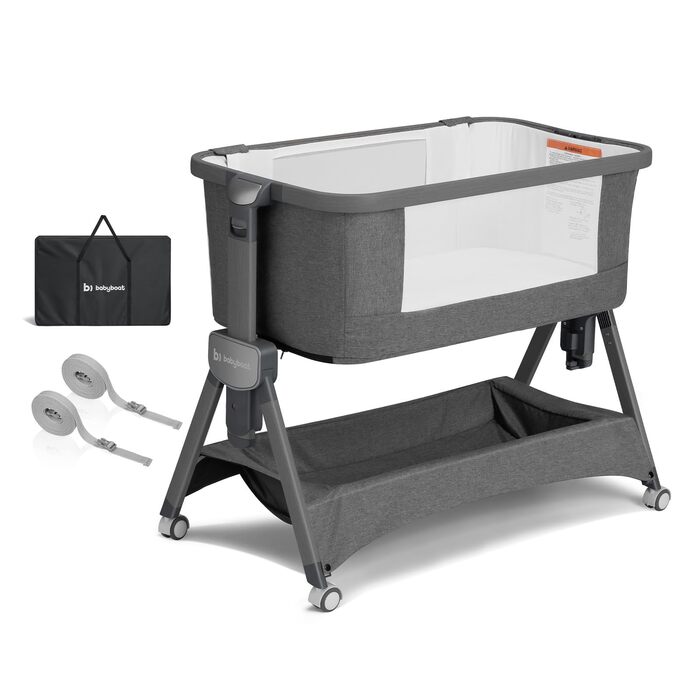 Дитяче ліжечко babyboat 3 в 1, портативне дитяче ліжечко з колесами, регульоване дорожнє ліжечко з матрацом та сумкою, сірого кольору, колиска для дітей 0-6 місяців, сірий-1