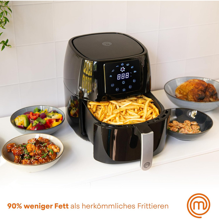 Фритюрниця MasterChef 5.5 л фритюрниця 1500 Вт, фритюрниця гаряче повітря без жиру для 4-6 осіб, фритюрниця з цифровим сенсорним екраном і 7 програмами, попередній нагрів і підтримання тепла, 80-200C 5.5 л