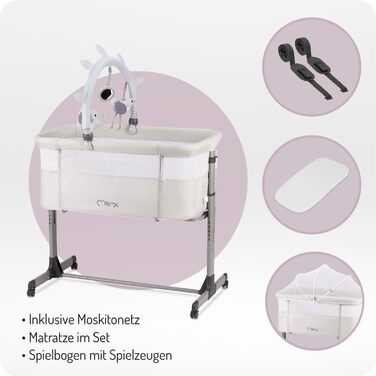 Багатофункціональне приліжкове та дитяче ліжко Momi REVO, 6-рівневе регулювання висоти від 72 до 82 см, з колесами, включаючи матрац, кріпильні ремені, сітку від комах та ручку з іграшками