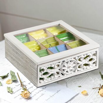 Вінтажна чайна коробка - Дерев&39яна коробка для зберігання чайних пакетиків - Коробка для чайних пакетиків з оглядовим віконцем - Чайний ящик з 9 відділеннями - Колір &quotшеббі-білий&quot