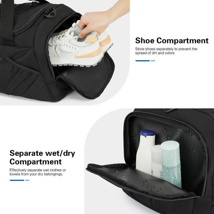 Тактична дорожня сумка-рюкзак 45 л для чоловіків та жінок, спортивна сумка 3-в-1 з відділенням для взуття, відділенням для вологи, багатофункціональна сумка для вихідних для спортзалу, подорожей, кемпінгу, походів, чорного кольору