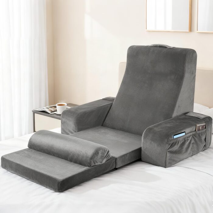 Велика подушка для читання зі знімною спинкою, ергономічна подушка для спини з підлокітником, кишенею та чохлом, який можна прати, для читання та перегляду телевізора (сіра)