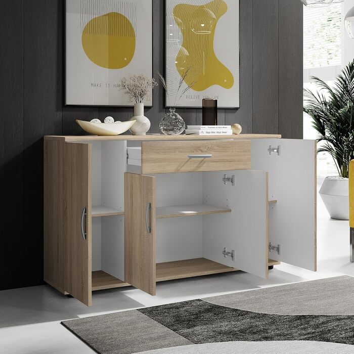 Комод Stella Trading LILLY з обробкою дуба Сонома - Сучасний буфет з великою кількістю місця для зберігання речей у вашій вітальні - 118 x 70 x 30 см (Ш/В/Г) 30Г x 118Ш x 70В см (1 шухляда) Дуб Сонома