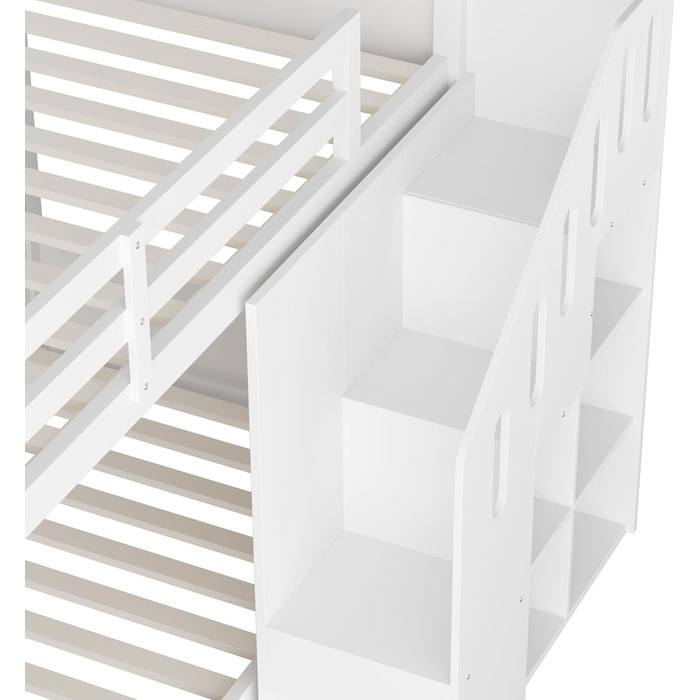 Двоярусне ліжко 90x200 см двоспальне ліжко зі сходами для зберігання речей, дитяче двоярусне ліжко зі стабільним та надійним захистом від падіння для 2 осіб, дитяче ліжко з місцем для зберігання речей/шафками/рейковим каркасом, без матраца (Білий, 90x200 