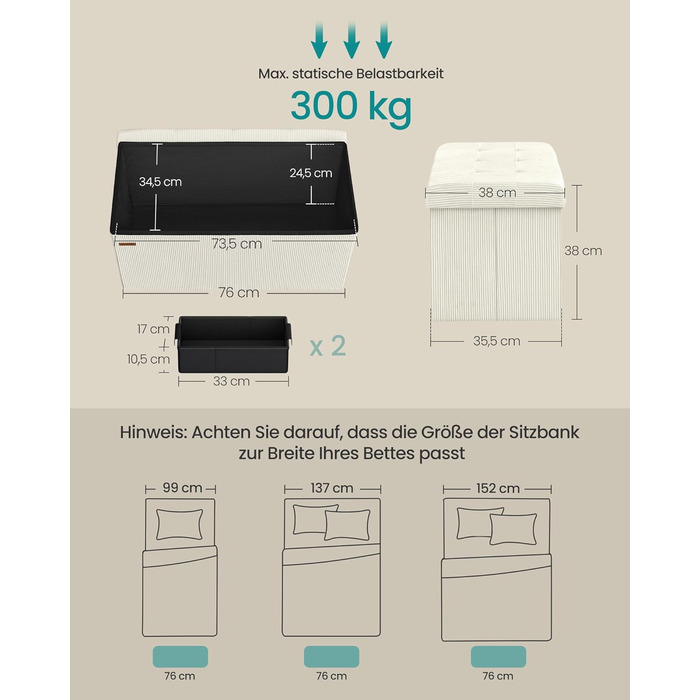 Лавка для зберігання SONGMICS, Складана підставка для ніг, 38 x 76 x 38 см, Лавка біля ліжка, Коробка для зберігання, Вантажопідйомність до 300 кг, Вітальня, Спальня, Вхідна зона, Кремово-білий LSF603W01 76B см Кремово-білий