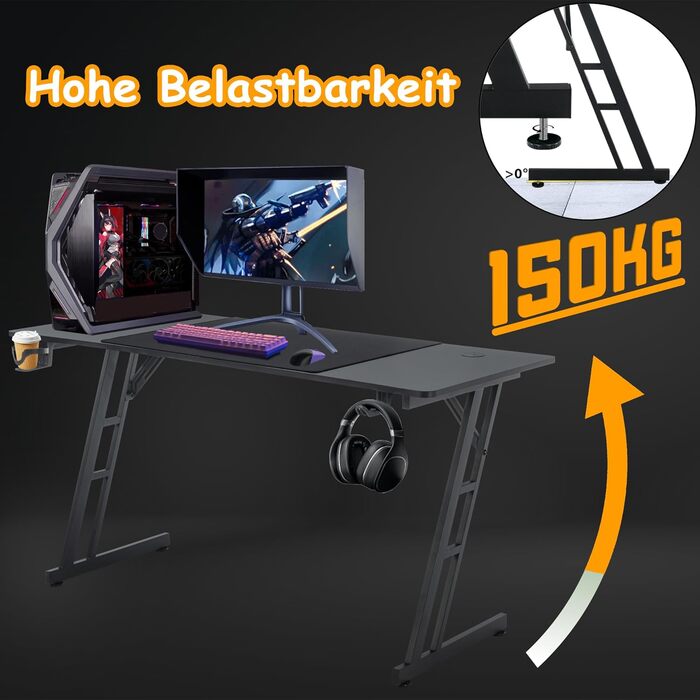 Ігровий стіл NAIZY 140 x 60 см, МДФ / сталь / вуглецеве волокно, чорний