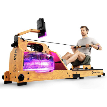 Водний гребний тренажер преміум-класу Sportstech зі світлодіодним резервуаром для води, складний Німецька компанія якості Додаток із програмами тренувань тримач для планшета Гребний тренажер з натурального масиву дерева для домашнього використання WRX1000