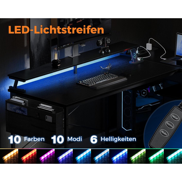 Ігровий стіл Coleshome L-подібної форми зі світлодіодним освітленням та розетками, кутовий стіл 120x80 см з полицею, двосторонній L-подібний стіл, чорний з підставкою для монітора, кутовий стіл для офісу/кабінету, чорний, 120x80x87 см