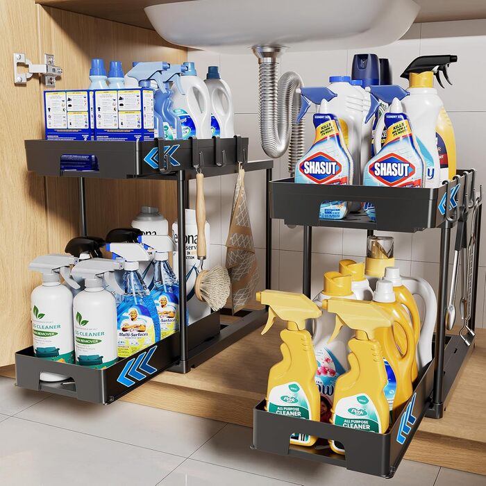 Органайзер під раковину Delamu, 2 шт. и, висувний органайзер для кухонної шафи, 2 яруси, чорний, під раковину для ванної кімнати,