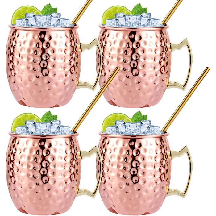 И Moscow Mule кружки, мідні кружки 530 мл, чашки Moscow Mule мідні кружки для коктейлю Moscow Mule з 4 соломинками для дому, бару, вечірки, 4 шт.