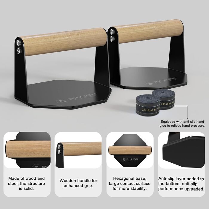 Стійка для віджимань 5BILLION - Тренування в домашньому спортзалі - Підходить для качання м&39язів та підтягувань - Рукоятка з пінопласту (чорна) (залізо дерево)